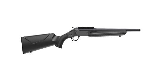 Single shot 44 Magnum rifle with threaded barrel, black.